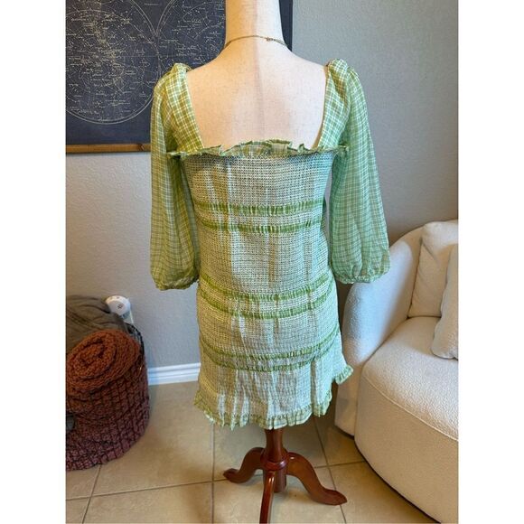Capulet Revolve Siobhan Green Gingham Smocked Long Sleeve Mini Dress Size XL - Picture 3 of 10